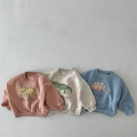 Autumn Kids Hoodies Cool Dinosaur Plus Fleece Children Pullover Comfortable Sweatshirt Neutral Baby Boutique