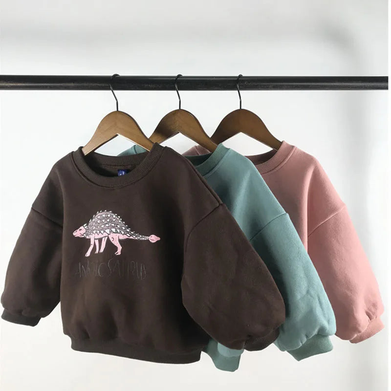 Autumn Kids Hoodies Cool Dinosaur Plus Fleece Children Pullover Comfortable Sweatshirt Neutral Baby Boutique