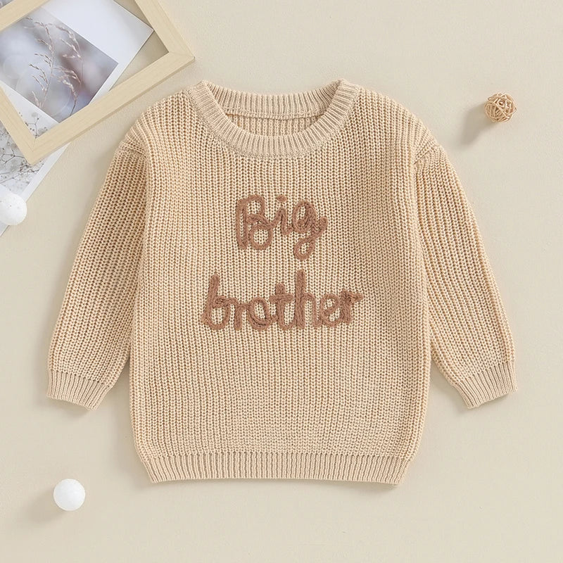 Autumn Winter Toddler Kids Boys Sweaters Newborn Cotton Long Sleeve Letter Embroidery Pullover Loose Knitwear Tops Sweaters Neutral Baby Boutique