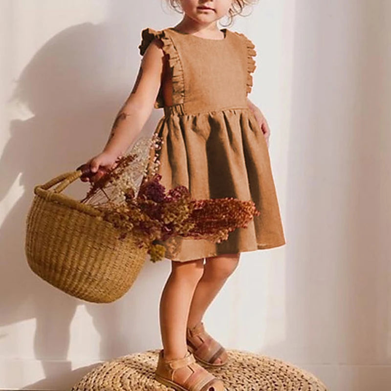 Girl Summer Lovely Dress 0-6Y Toddler Ruffle Sleeve Linen Cotton A-Line Party Dresses for Children Solid Casual Clothing Neutral Baby Boutique