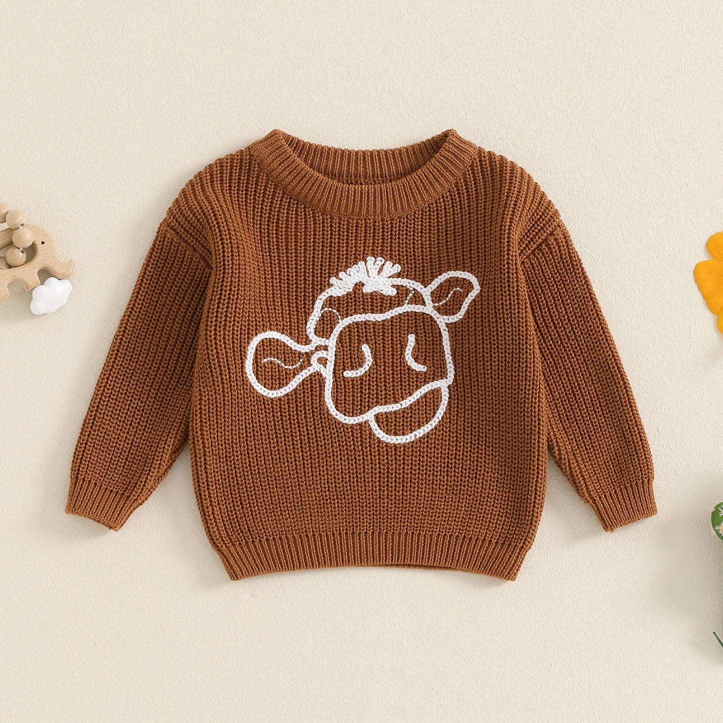 MISOWMNJOY Winter Autumn Sweaters Newborn Infant Knit Wear Long Sleeve Cow Embroidery Knitting Pullovers for Girls Boy Jumpers Neutral Baby Boutique
