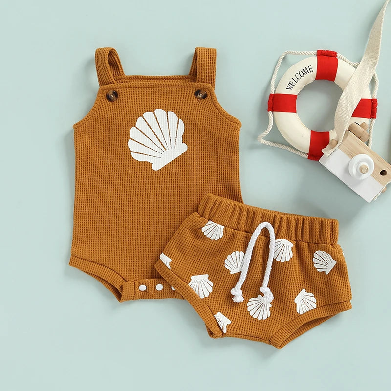 Baby Summer Clothing Sets 0-18M Toddler Infant Boys Girls Shell Print Strap Button Plaid Knitted Bodysuits+Shorts Tracksuits Neutral Baby Boutique