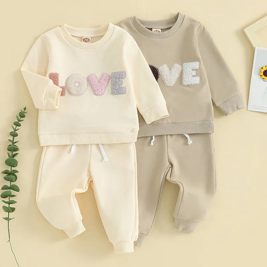0-3Y Toddler Baby Girl Outfit Plush Letter Embroidery Long Sleeve Sweatshirt Elastic Pants 2pcs Set Infant Fall Winter Clothes Neutral Baby Boutique