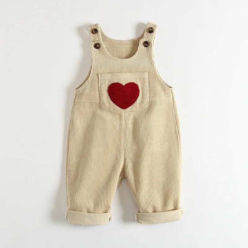 1-4Y Spring Kids Baby Clothes Heart Embroidery Baby Boys Girls Bib Pants Solid Overalls Corduroy Casual Suspender Outwear Neutral Baby Boutique