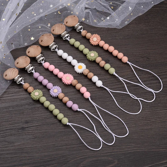 Baby Beech Round Wooden Clips Flowers Silicone Beads Pacifier Chain For Teether Nursing Toys Handmade Dummy Holder BPA Free Neutral Baby Boutique