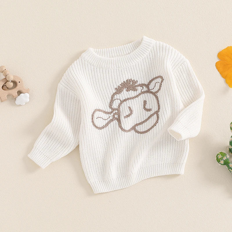 MISOWMNJOY Winter Autumn Sweaters Newborn Infant Knit Wear Long Sleeve Cow Embroidery Knitting Pullovers for Girls Boy Jumpers Neutral Baby Boutique