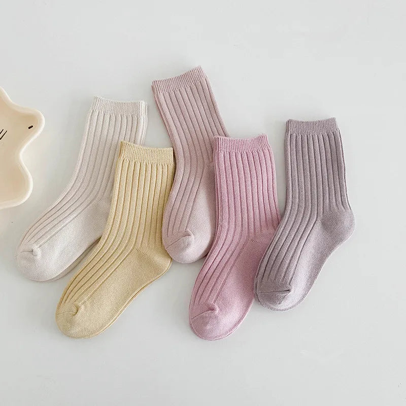 5Pairs/lot Solid Kids Socks Casual Baby Girls Boys Cotton Stripe Autumn Toddler Knitted Children Socks For 1-8Years Neutral Baby Boutique