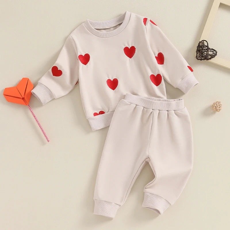 Lioraitiin Toddler Girl Valentines Day Two Piece Outfits Long Sleeve Embroidery Pullover Sweatshirt Pants Set Casual Clothes Neutral Baby Boutique