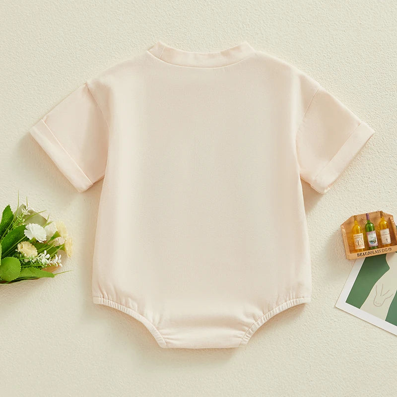 Lioraitiin Infant Baby Girl Boy Easter Rompers Short Sleeve Rabbit Carrot Letter Embroidery Jumpsuits Toddler Casual Clothes Neutral Baby Boutique