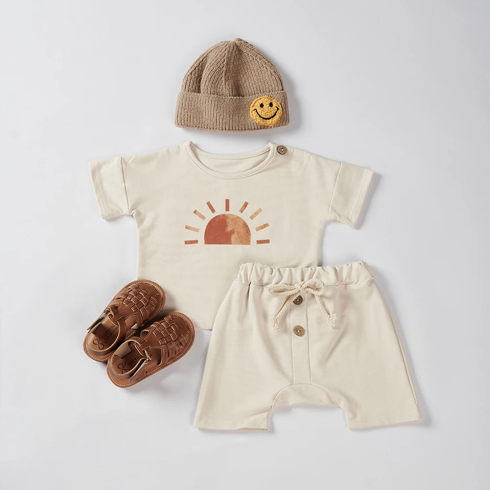 2Pcs Toddler Girl Clothes Set Organic Cotton Ice Cream White Baby Tee Baby Boy Clothing Set Childrens T-shirt+Shorts Pants Bebes Neutral Baby Boutique