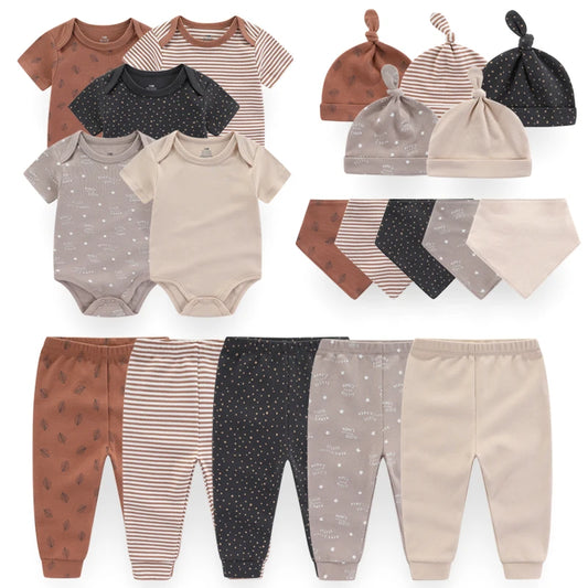 2023 Unisex Cotton New Born Baby Girl Clothes Sets Bodysuits+Pants+Hats+Gloves/Bibs Baby Boy Clothes Solid Color Cartoon Bebes Neutral Baby Boutique
