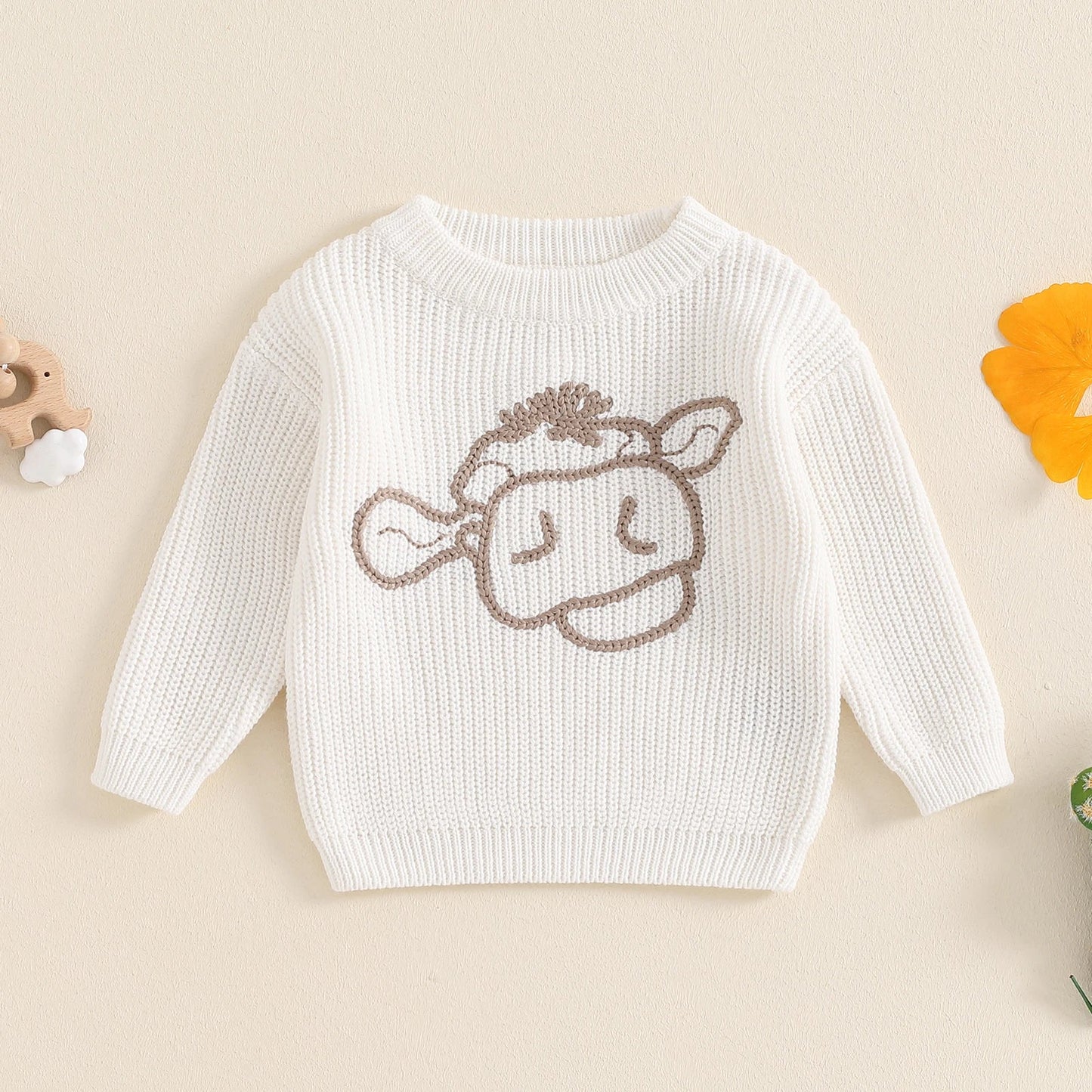 MISOWMNJOY Winter Autumn Sweaters Newborn Infant Knit Wear Long Sleeve Cow Embroidery Knitting Pullovers for Girls Boy Jumpers Neutral Baby Boutique