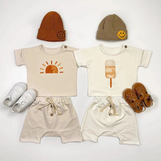 2Pcs Toddler Girl Clothes Set Organic Cotton Ice Cream White Baby Tee Baby Boy Clothing Set Childrens T-shirt+Shorts Pants Bebes Neutral Baby Boutique