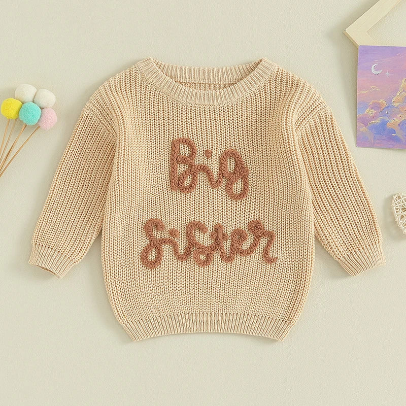 2023-08-18 Lioraitiin 18M-5Y Kids Girls Sweater Letter Embroidery Crew Neck Long Sleeve Pullovers Fall Toddler Clothes Tops Neutral Baby Boutique