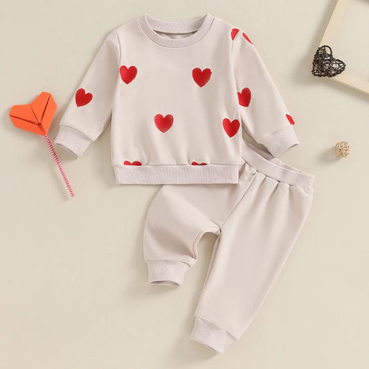 Lioraitiin Toddler Girl Valentines Day Two Piece Outfits Long Sleeve Embroidery Pullover Sweatshirt Pants Set Casual Clothes Neutral Baby Boutique