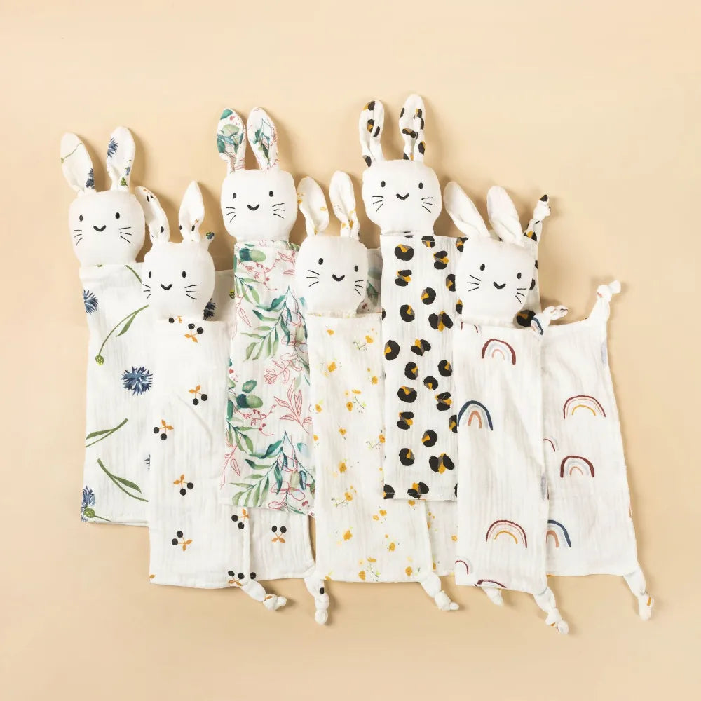 Cute Baby Rattle Bunny Muslin Towel Newborn Soft Cotton Sleeping Dolls Burp Soothing Cloth Blanket Educational Plush Rabbit Neutral Baby Boutique