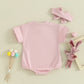 FOCUSNORM 0-18M Summer Baby Girls Cute Easter Romper Sets 2pcs Short Sleeve Bunny Embroidery Romper + Headband Neutral Baby Boutique