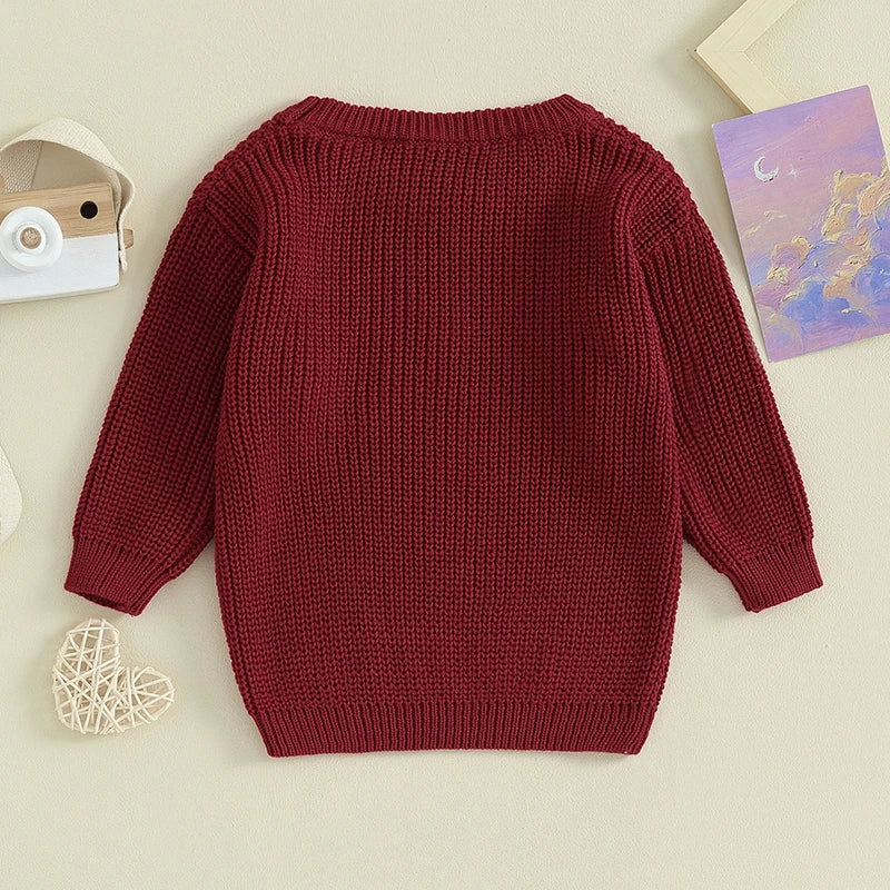 Suefunskry Infant Baby Autumn Winter Sweater, Letter Pattern Jacquard Long Sleeve Round Neck Knitwear Pullover Casual Tops Neutral Baby Boutique