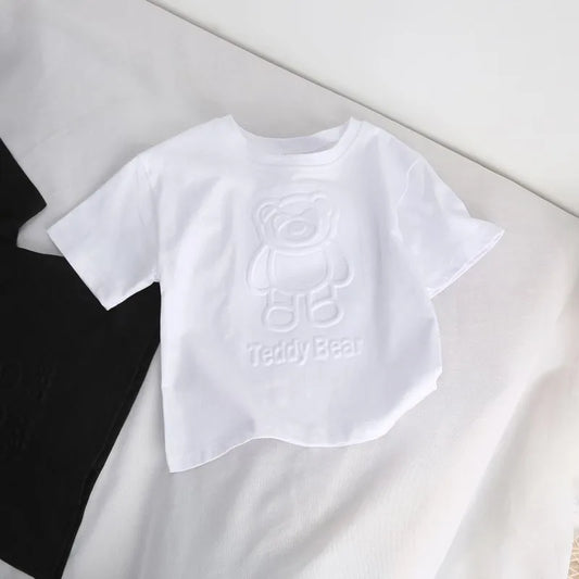 Cute Bear Printed Tops Boys Girls Summer New Clothing TShirt Solid Color Tops Children ThinCasual Loose Crew Neck Pullover Shirt Neutral Baby Boutique