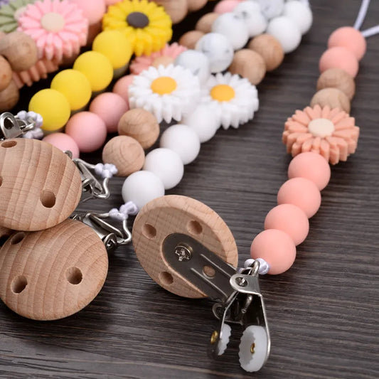 Baby Beech Round Wooden Clips Flowers Silicone Beads Pacifier Chain For Teether Nursing Toys Handmade Dummy Holder BPA Free Neutral Baby Boutique