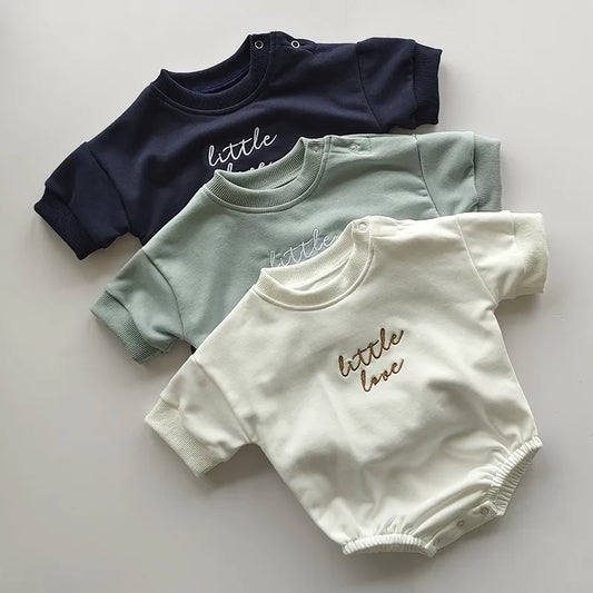 New Born Baby Rompers Love Embroidery Short Sleeve Baby Rompers Children Soft Cotton Jumpsuit One-piece Cute Little Love Romper Neutral Baby Boutique