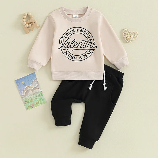 Toddler Boys Valentine's Day Outfits Letter Pattern Long Sleeve Sweatshirts and Solid Color Long Pants 2Pcs Clothes Casual Set Neutral Baby Boutique