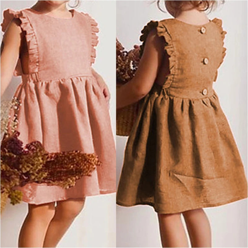 Girl Summer Lovely Dress 0-6Y Toddler Ruffle Sleeve Linen Cotton A-Line Party Dresses for Children Solid Casual Clothing Neutral Baby Boutique