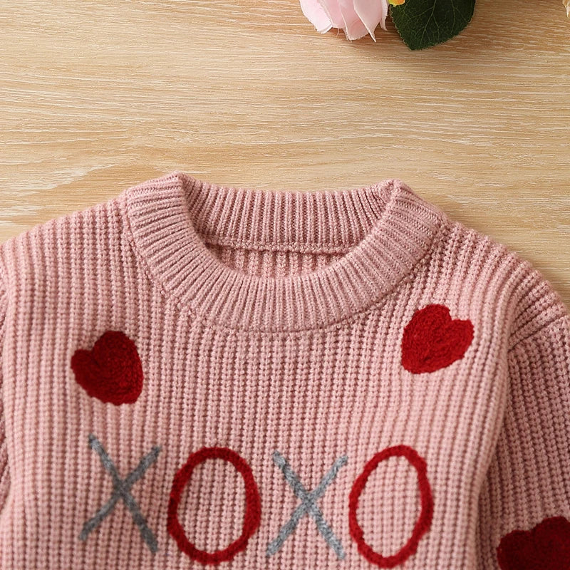 Toddler Kids Baby Girl Valentine s Day Sweater Heart Embroidery Oversized Knitted Sweatshirt Crewneck Pullover Tops Neutral Baby Boutique