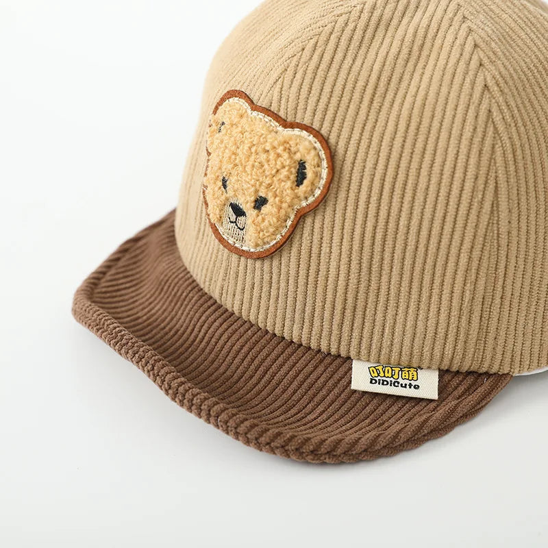 Autumn Winter Corduroy Baby Peaked Cap Cartoon Bear Toddler Adjustable Baseball Caps For Boy Girl Outdoor Casual Sun Visor Hats Neutral Baby Boutique