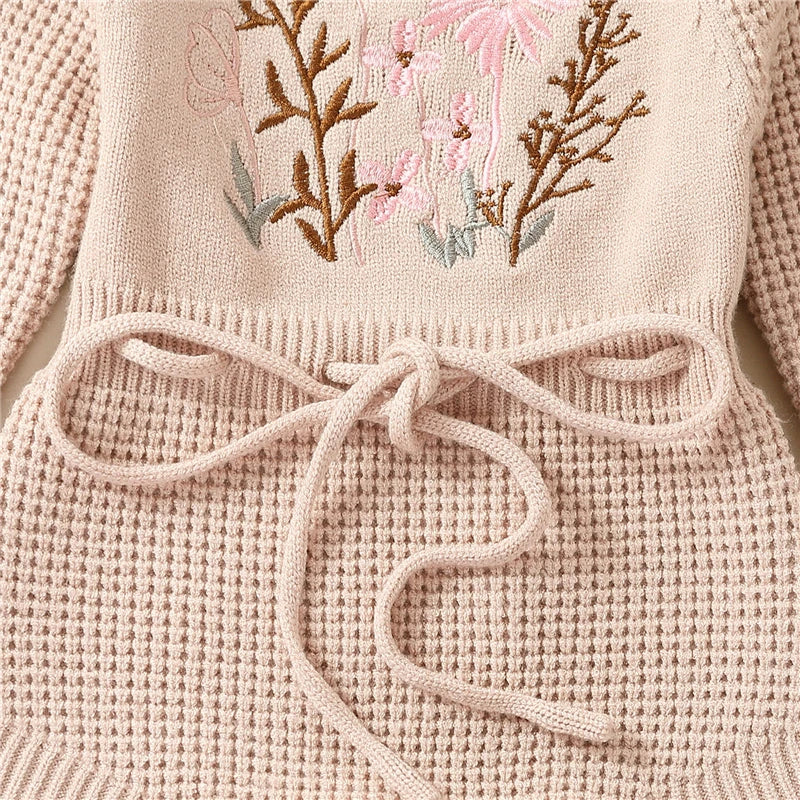 Newborn Baby Girls Waffle Sweater Rompers Flower Embroidery Cotton Long Sleeve Drawstring Infant Fall Toddler Clothes Jumpsuit Neutral Baby Boutique