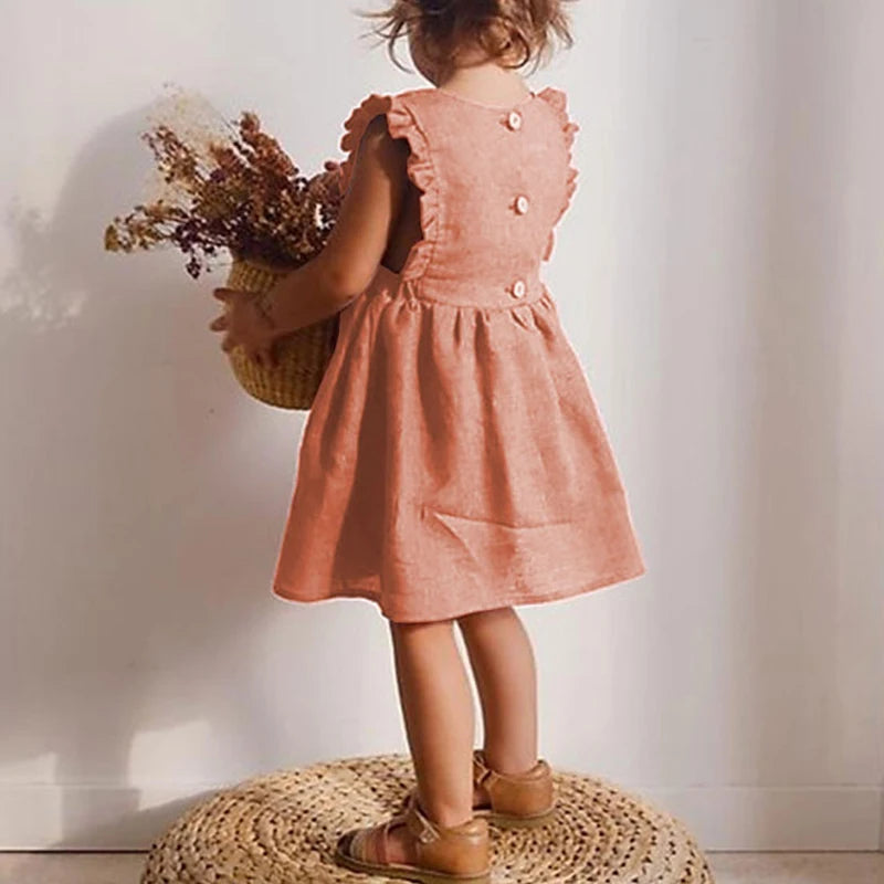 Girl Summer Lovely Dress 0-6Y Toddler Ruffle Sleeve Linen Cotton A-Line Party Dresses for Children Solid Casual Clothing Neutral Baby Boutique