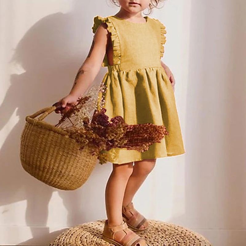 Girl Summer Lovely Dress 0-6Y Toddler Ruffle Sleeve Linen Cotton A-Line Party Dresses for Children Solid Casual Clothing Neutral Baby Boutique