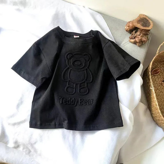 Cute Bear Printed Tops Boys Girls Summer New Clothing TShirt Solid Color Tops Children ThinCasual Loose Crew Neck Pullover Shirt Neutral Baby Boutique
