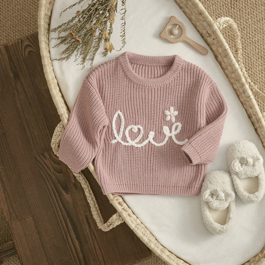 Ma&baby 6M-3Y Infant Toddler Newborn Baby Girl Sweaters Fall Winter Knit Long Sleeve Letter Flower Pullover Valentine's Day Tops Neutral Baby Boutique
