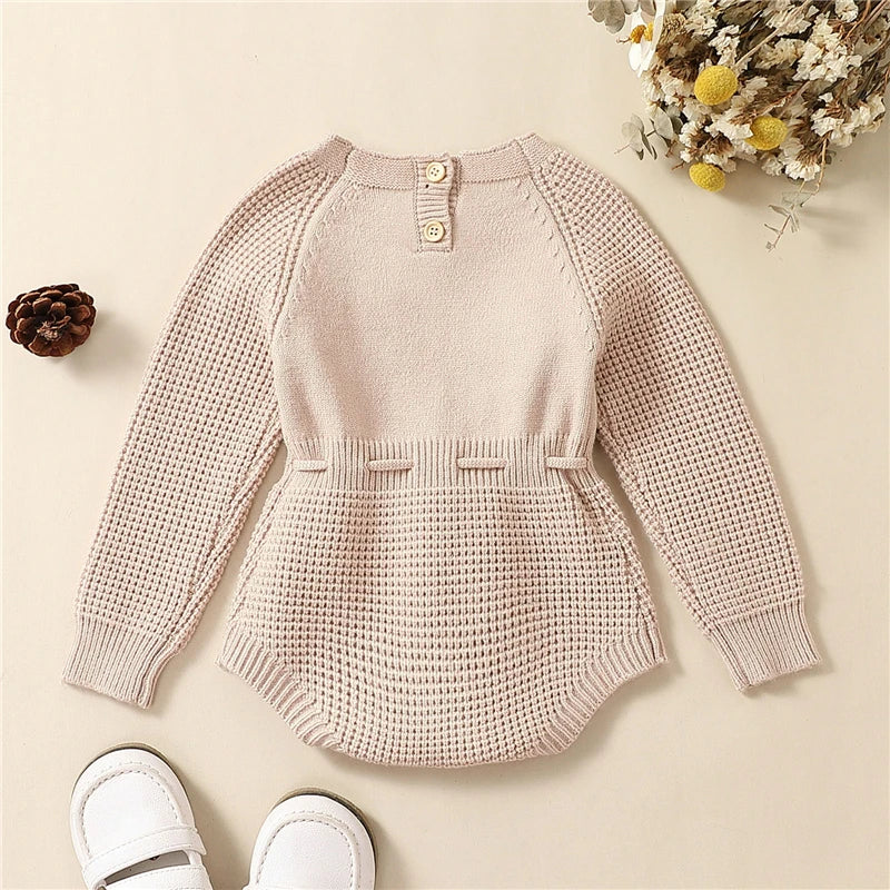 Newborn Baby Girls Waffle Sweater Rompers Flower Embroidery Cotton Long Sleeve Drawstring Infant Fall Toddler Clothes Jumpsuit Neutral Baby Boutique