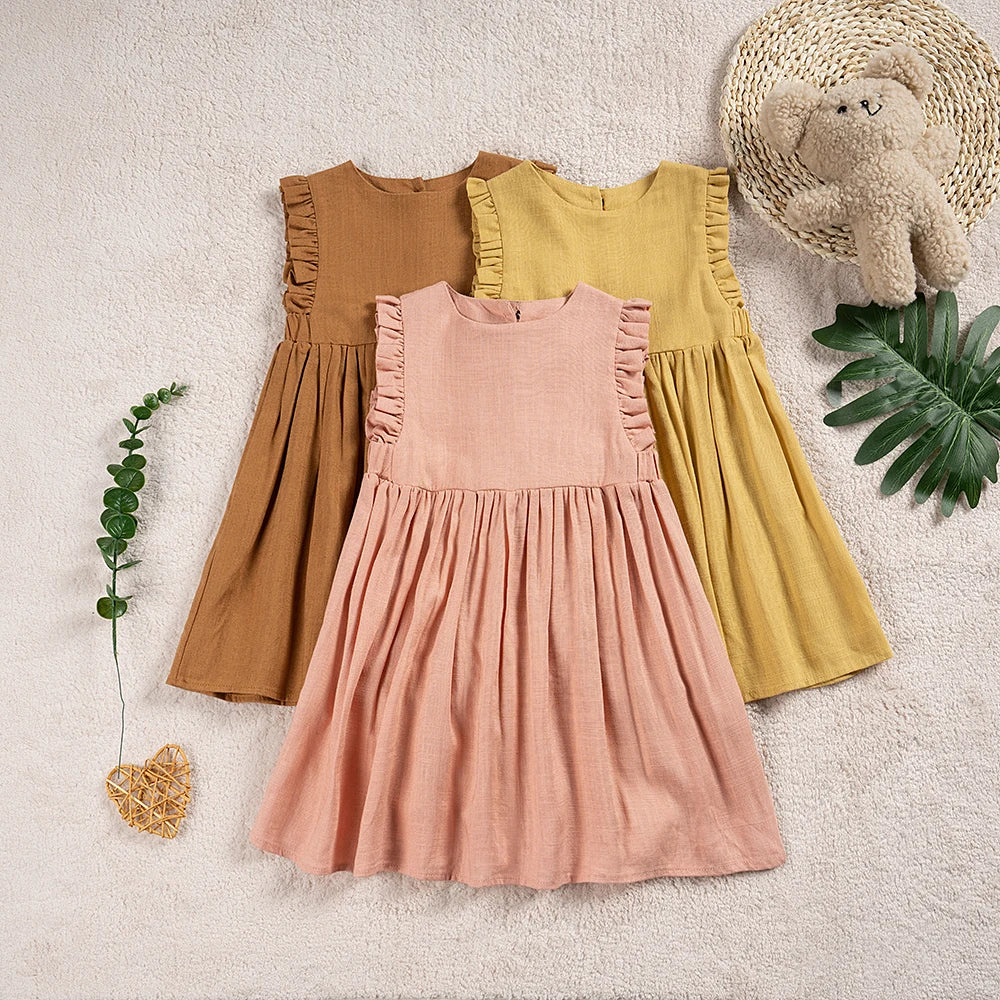 Girl Summer Lovely Dress 0-6Y Toddler Ruffle Sleeve Linen Cotton A-Line Party Dresses for Children Solid Casual Clothing Neutral Baby Boutique