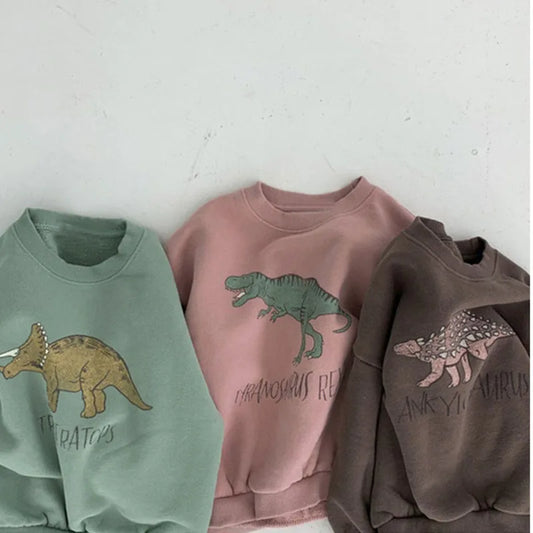 Autumn Kids Hoodies Cool Dinosaur Plus Fleece Children Pullover Comfortable Sweatshirt Neutral Baby Boutique