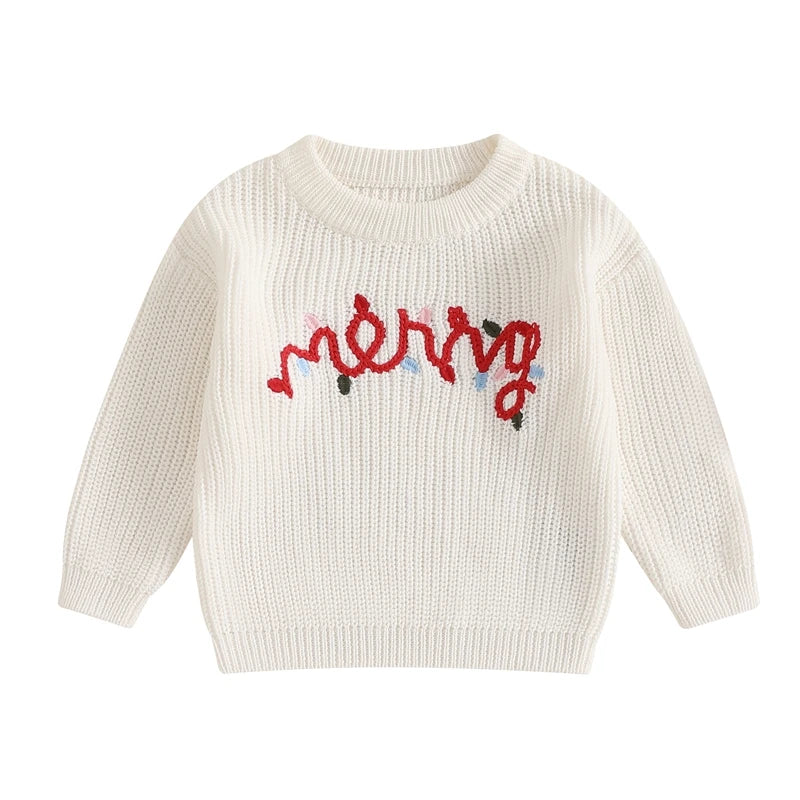 Toddler Christmas Sweaters Long Sleeve Letter Embroidery Knit Pullovers Kid Jumper Tops Neutral Baby Boutique