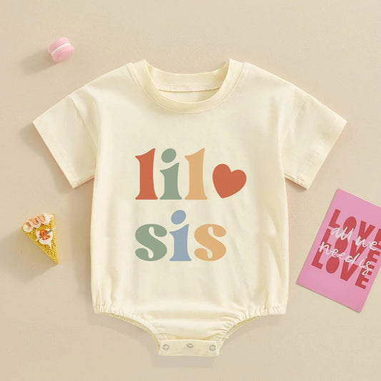 Big Brother Little Sister Printed Shirt Retro Sibling Matching Clothes Kids Short Sleeve T-shirt Tops Baby Large Bubbles Romper Neutral Baby Boutique