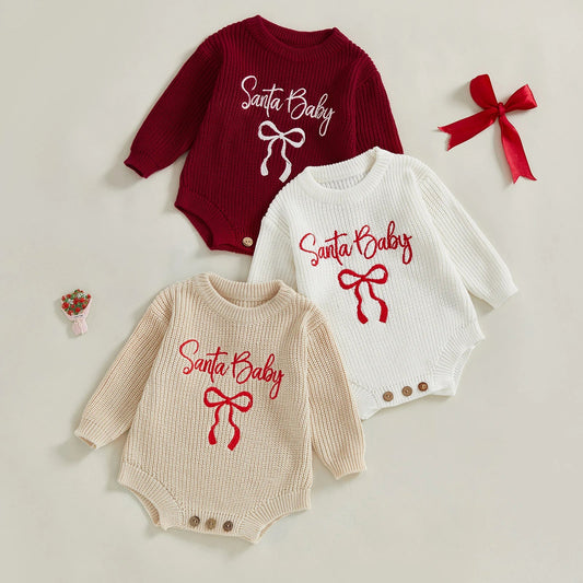 Pudcoco Baby Girl Christmas Romper Loose Fit Letter Bow Embroidery Ribbed Long Sleeve Infant Winter Sweater Neutral Baby Boutique