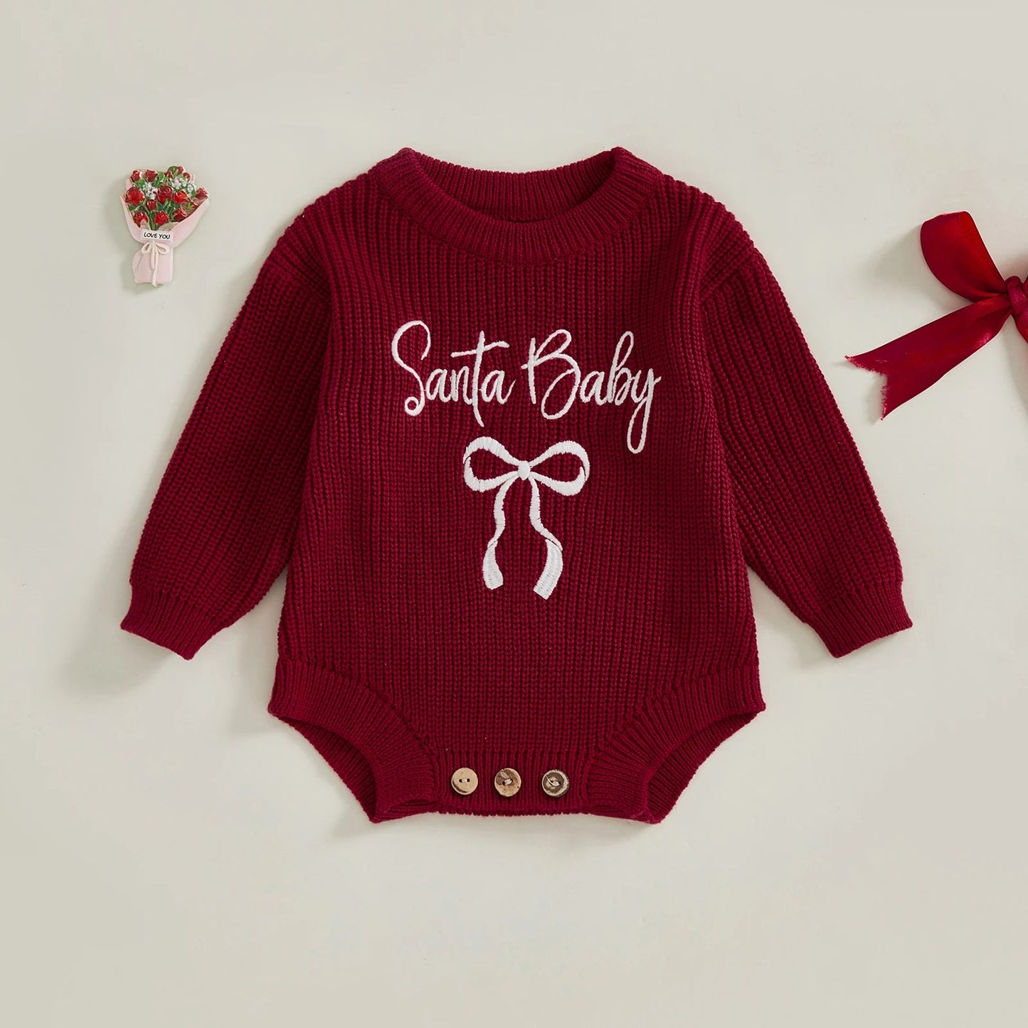 Pudcoco Baby Girl Christmas Romper Loose Fit Letter Bow Embroidery Ribbed Long Sleeve Infant Winter Sweater Neutral Baby Boutique