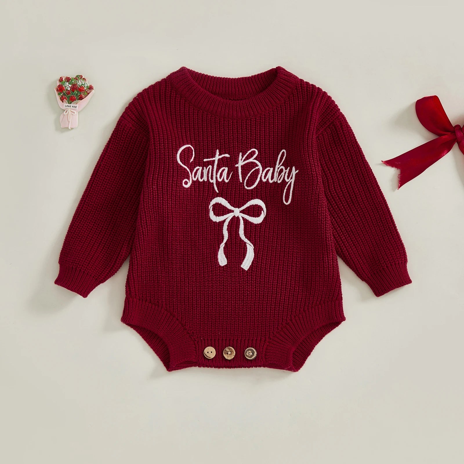 Pudcoco Baby Girl Christmas Romper Loose Fit Letter Bow Embroidery Ribbed Long Sleeve Infant Winter Sweater Neutral Baby Boutique