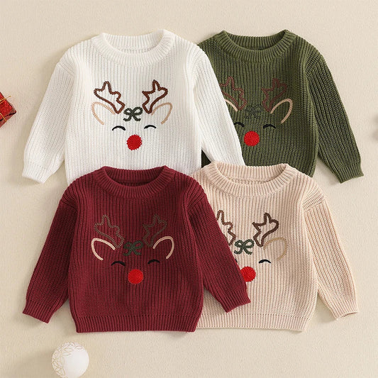 Newborn Baby Girls Boy Sweater Reindeer Embroidery Long Sleeve Pullover 2024 Fall Winter Baby Clothes Christmas Jumpers Top Neutral Baby Boutique