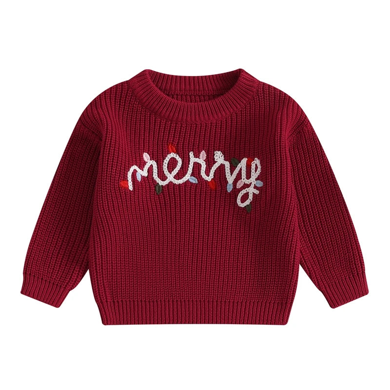 Toddler Christmas Sweaters Long Sleeve Letter Embroidery Knit Pullovers Kid Jumper Tops Neutral Baby Boutique