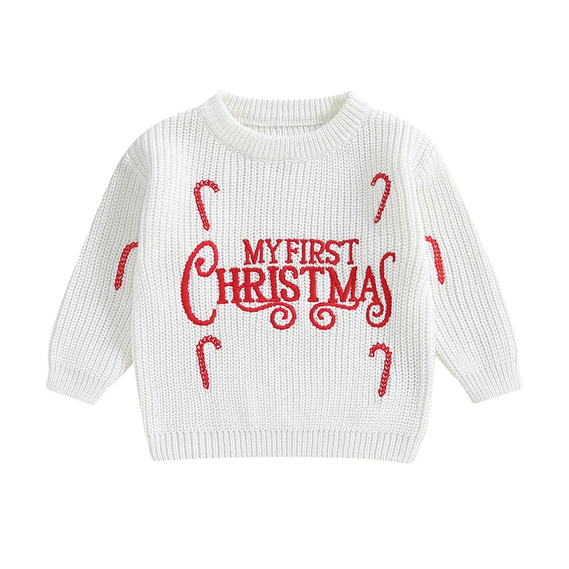 Newborn Baby Girls Boys Christmas Sweaters Long Sleeve Round Neck Candy Letter Embroidery Knit Pullovers Infant Jumper Tops Neutral Baby Boutique