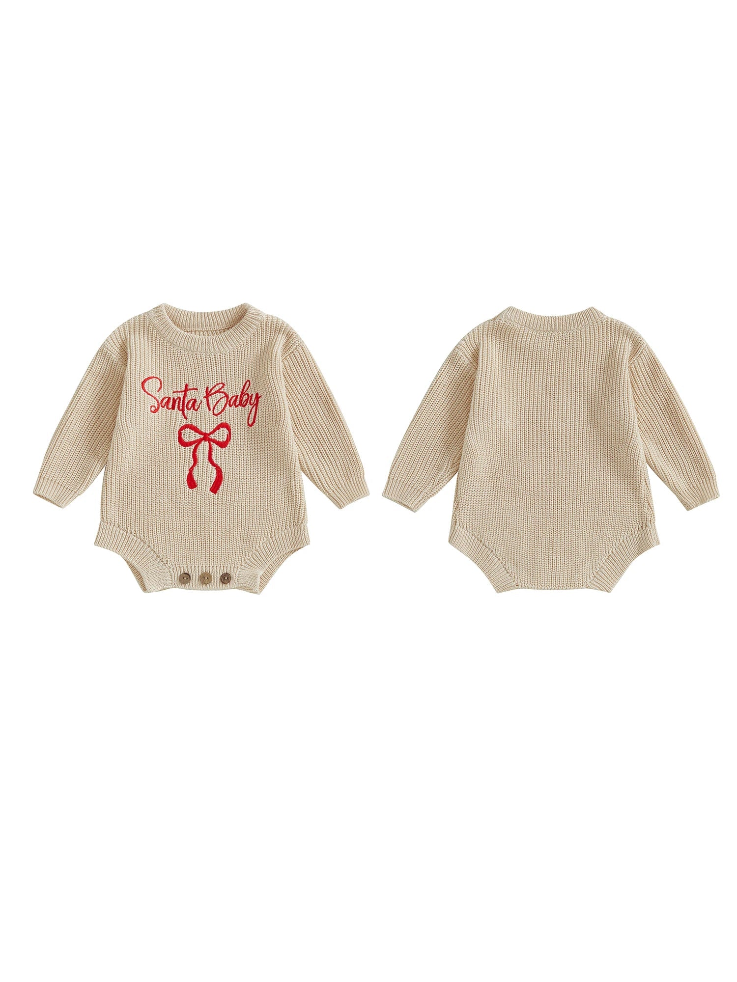 Pudcoco Baby Girl Christmas Romper Loose Fit Letter Bow Embroidery Ribbed Long Sleeve Infant Winter Sweater Neutral Baby Boutique