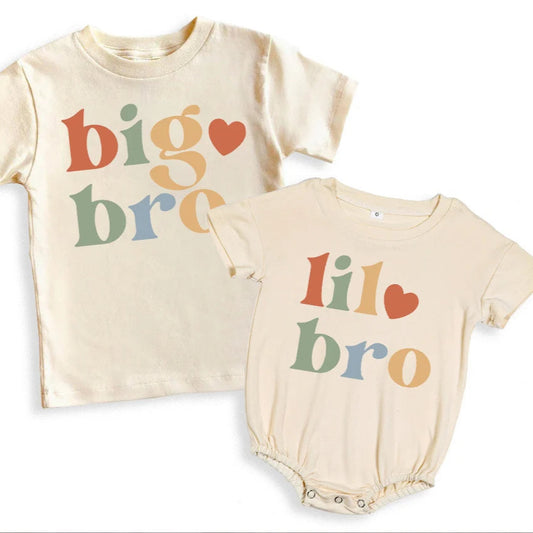 Big Brother Little Sister Printed Shirt Retro Sibling Matching Clothes Kids Short Sleeve T-shirt Tops Baby Large Bubbles Romper Neutral Baby Boutique