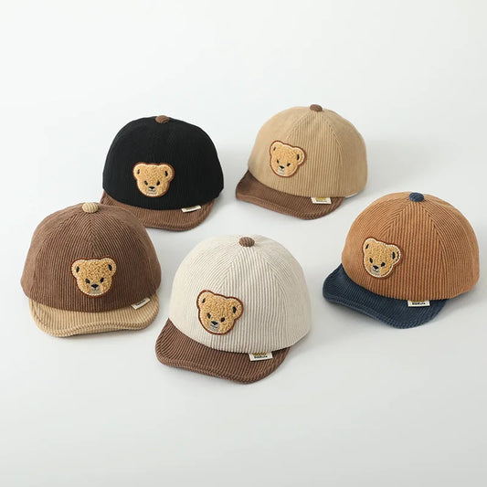 Autumn Winter Corduroy Baby Peaked Cap Cartoon Bear Toddler Adjustable Baseball Caps For Boy Girl Outdoor Casual Sun Visor Hats Neutral Baby Boutique