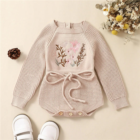 Newborn Baby Girls Waffle Sweater Rompers Flower Embroidery Cotton Long Sleeve Drawstring Infant Fall Toddler Clothes Jumpsuit Neutral Baby Boutique