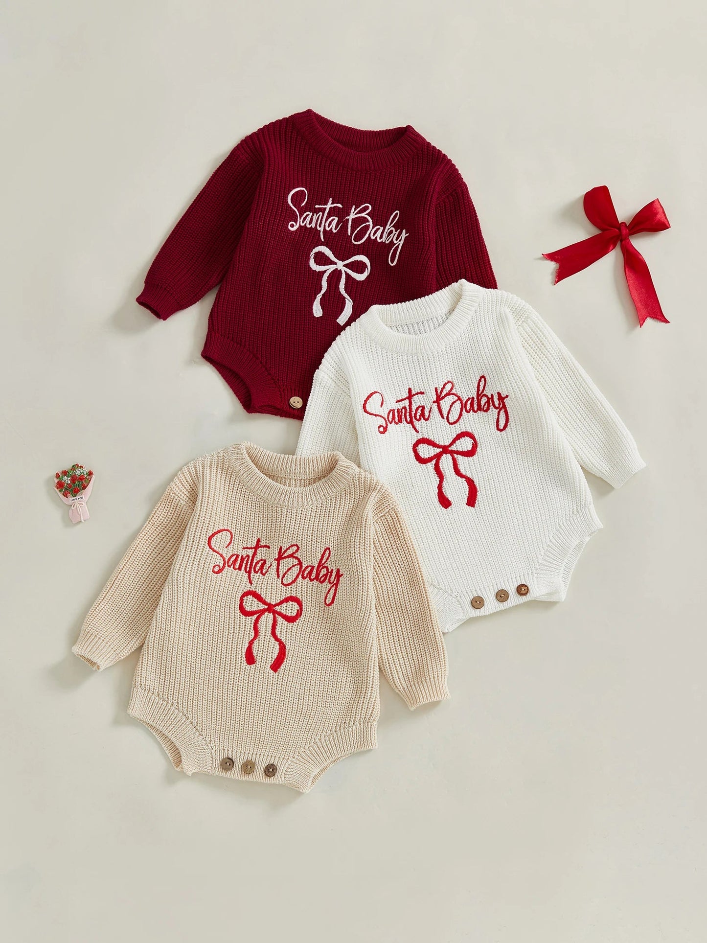 Pudcoco Baby Girl Christmas Romper Loose Fit Letter Bow Embroidery Ribbed Long Sleeve Infant Winter Sweater Neutral Baby Boutique